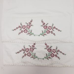 Vintage Pair Of Embroidered And Crochet Cotton Pillow Cases With Red Floral